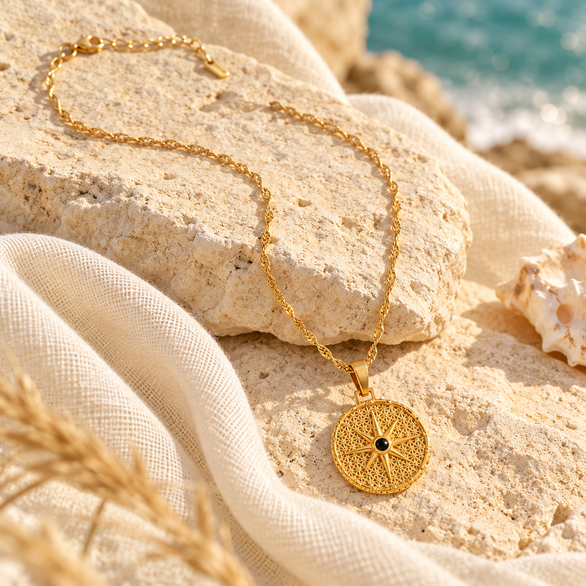 Gold compass pendant necklace styled on coastal limestone and linen