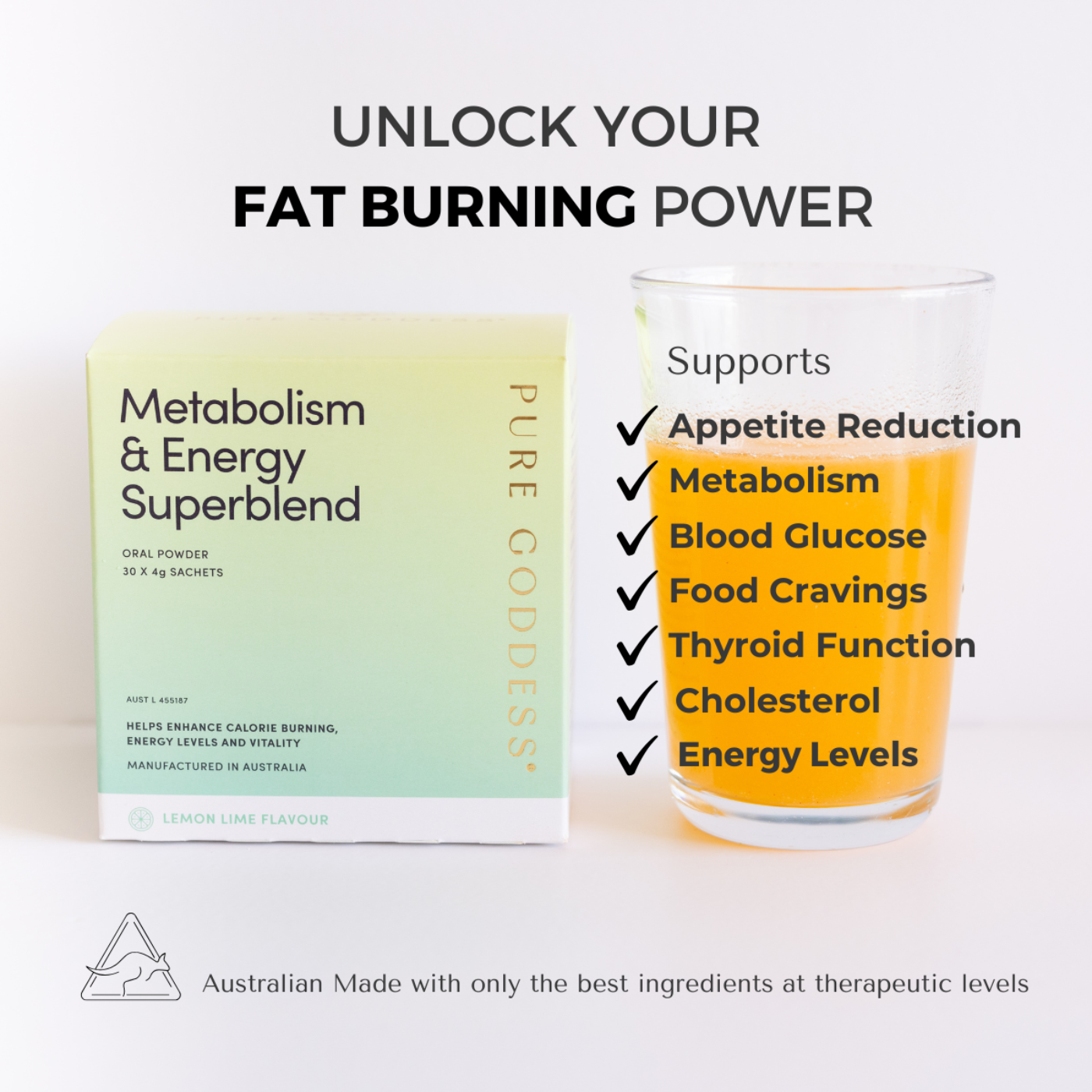 Metabolism and energy superblend lemon flavour showing the benefits, supports appetite reduction, food cravings and healthy blood glucose levels