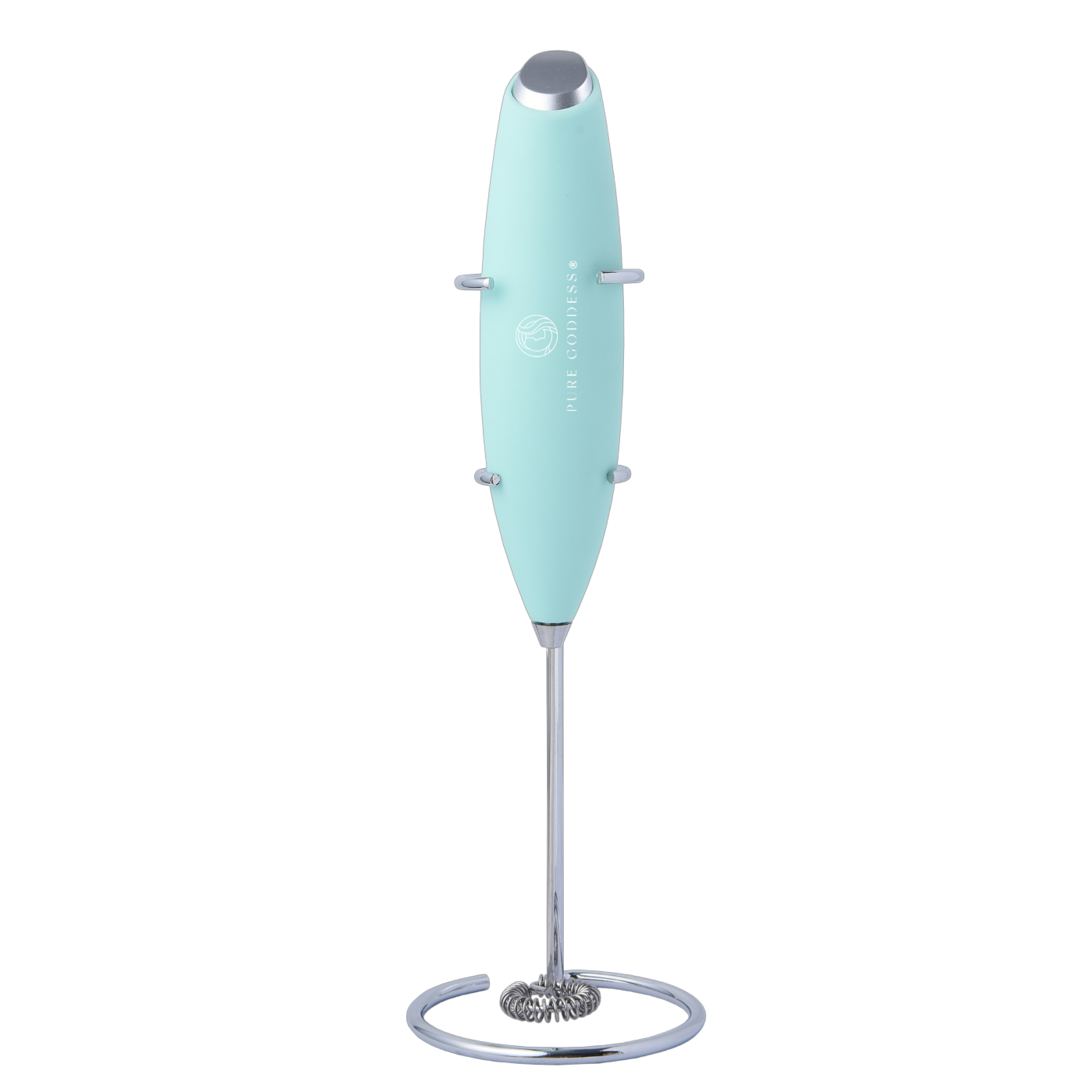 A handheld mini blender in turquoise color with a metal stand.
