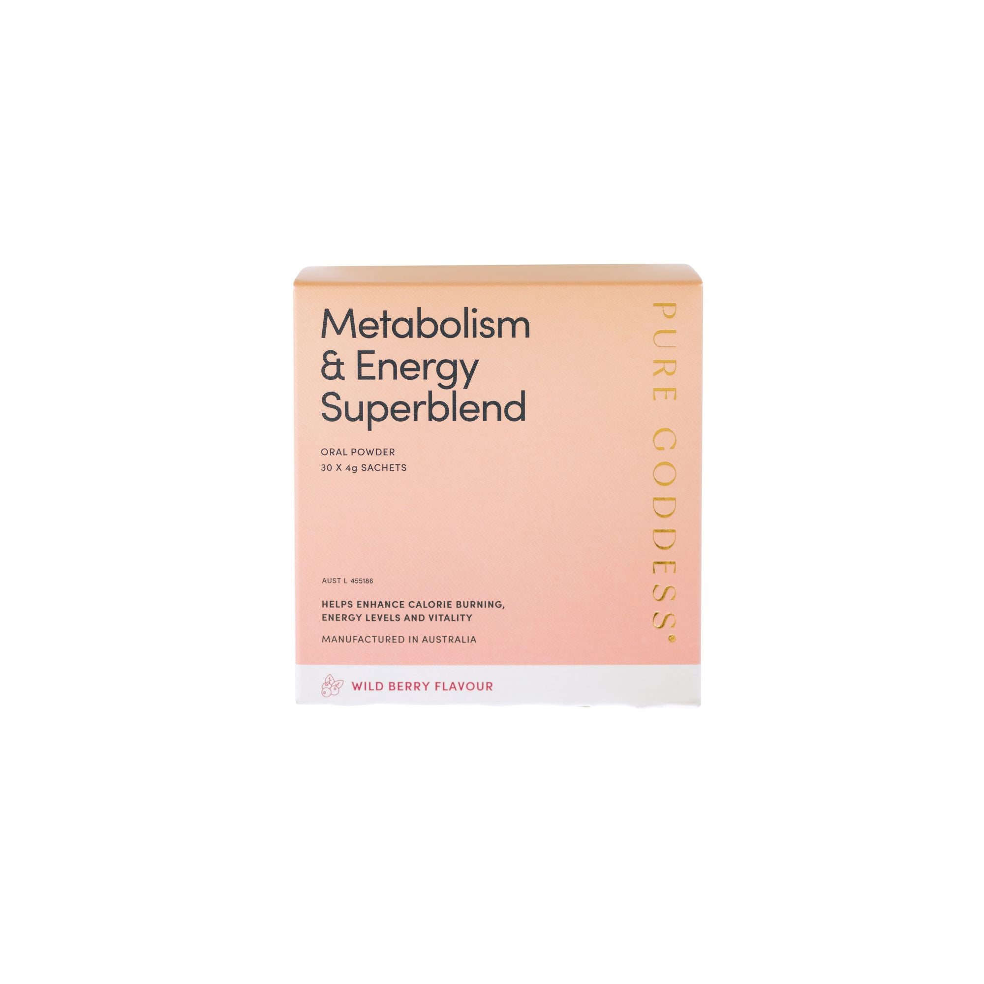A box of 30 Metabolism & Energy Superblend sachets in Wild Berry Flavour by Pure Goddess.