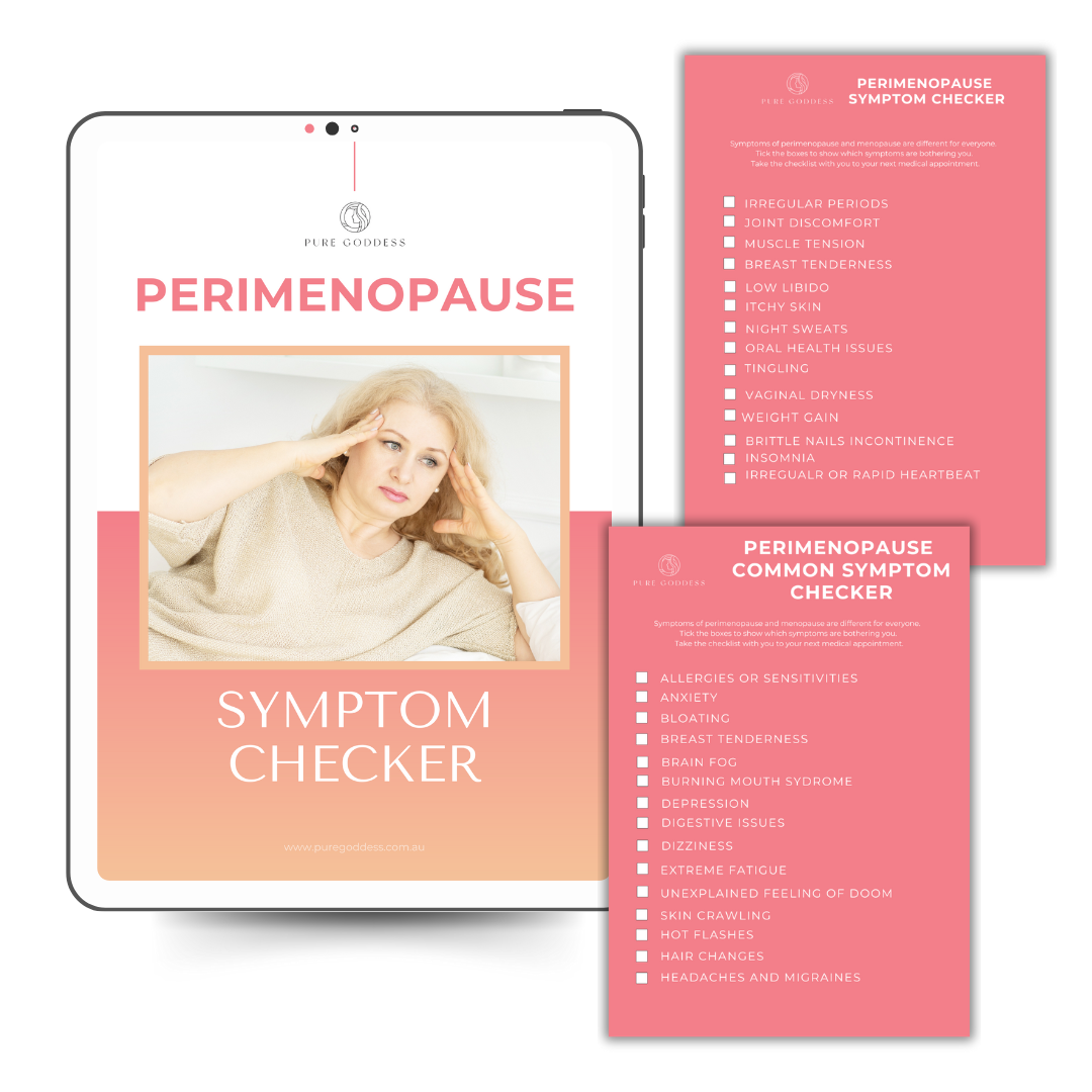 Perimenopause symptom checker app on a tablet with printed checklist on a pink background