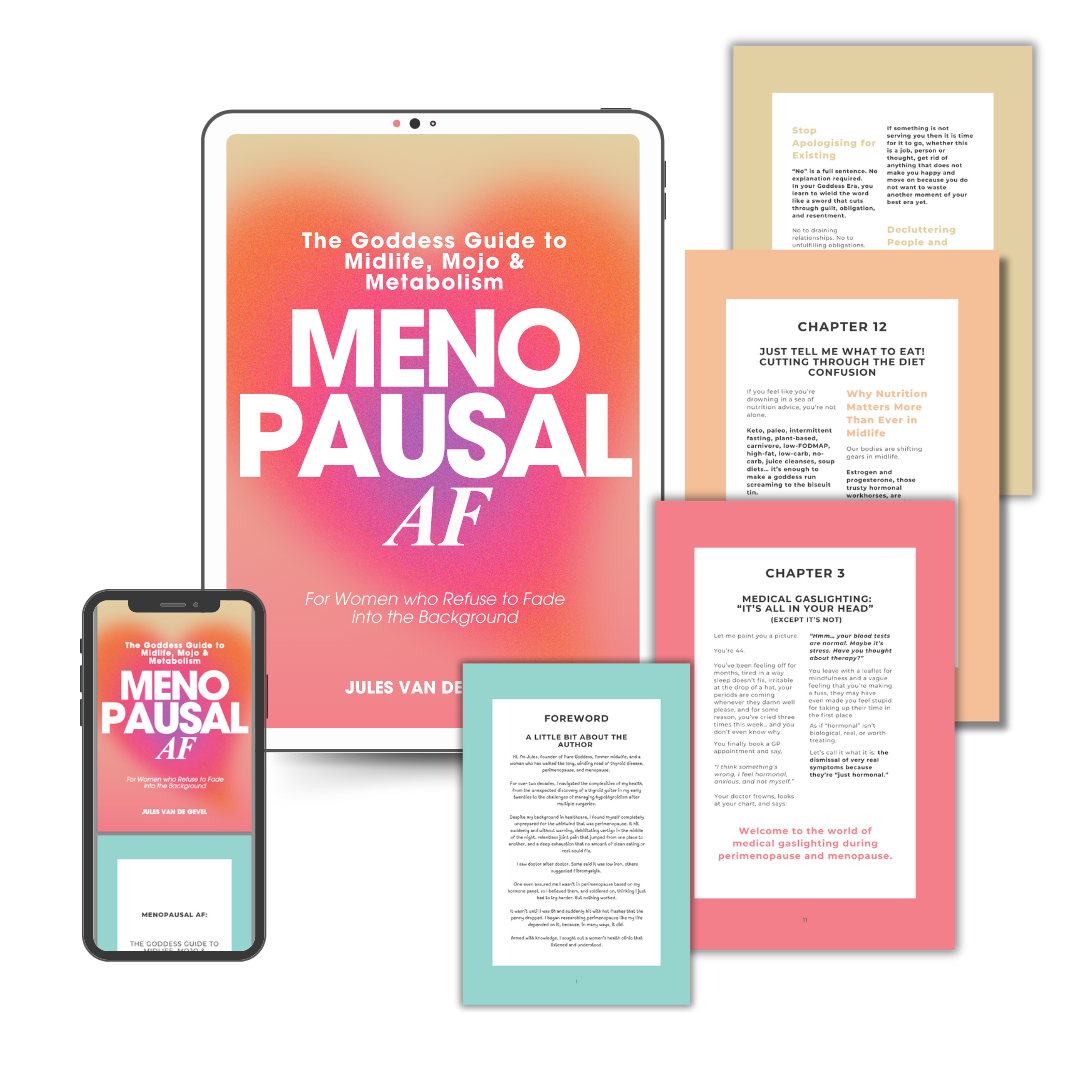 Book titled 'Meno Pausal AF' with a smartphone displaying the book cover on a white background