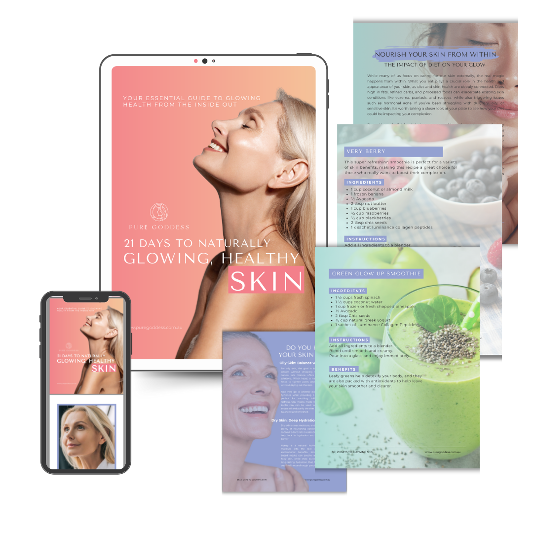 Collage of skincare guide with images of a woman, phone, and smoothie.