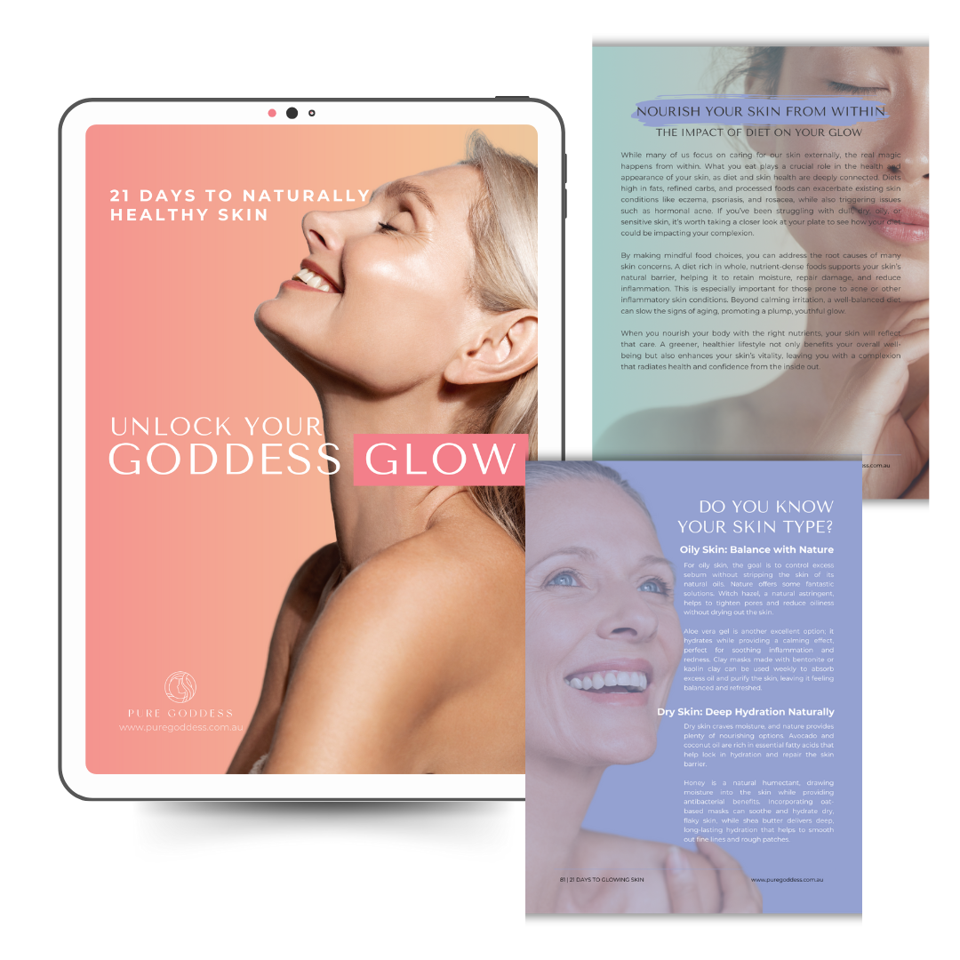 Tablet displaying skincare product with images of women and text on a white background